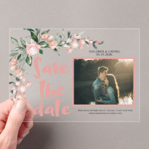 Romantic Blush PInk Floral Photo Save the date  Acrylic Invitations