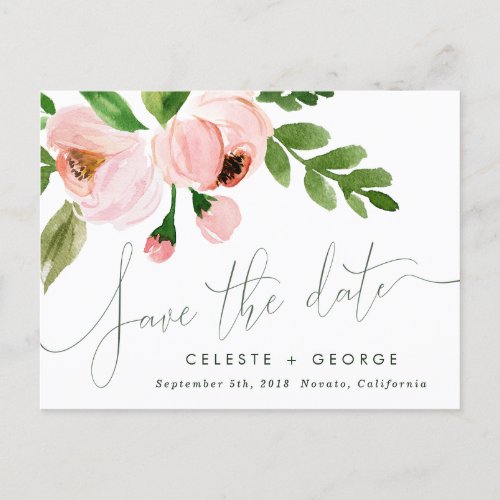 romantic blush pink floral save the date announcem holiday postcard