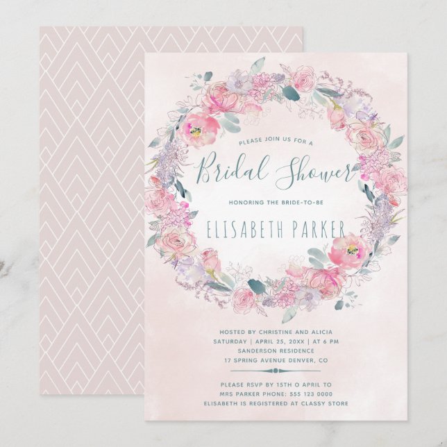 Romantic blush pink floral wreath bridal shower invitation (Front/Back)