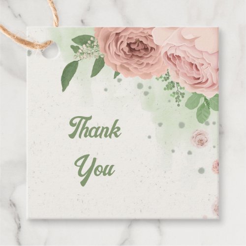 romantic blush pink flowers  leaves favor tags