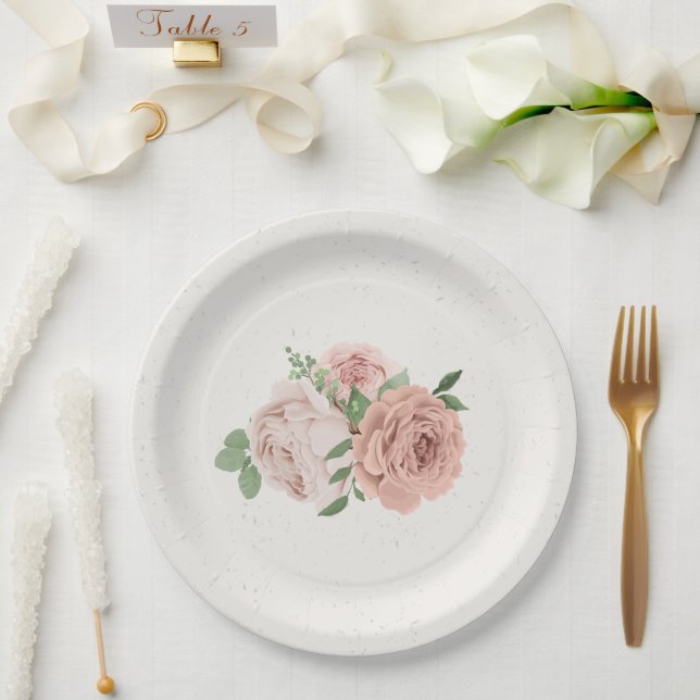 romantic blush pink flowers & leaves paper plates (Wedding)