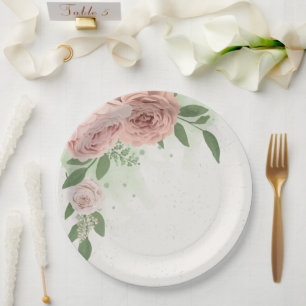 romantic blush pink flowers & leaves paper plates
