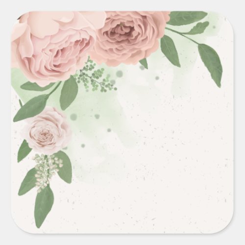 romantic blush pink flowers  leaves square sticker