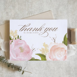 Romantic Blush Pink Garden Roses Botanical Wedding Letterpress Thank You Card
