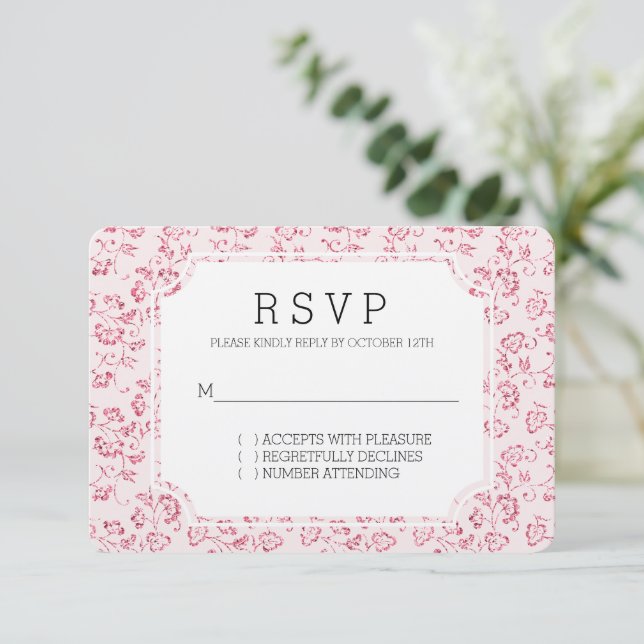 Romantic Blush Pink Glitter Floral Wedding RSVP Card (Standing Front)