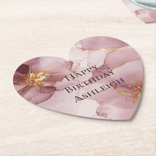 Romantic Blush Pink Gold Floral Birthday Paper Coaster (Angled)