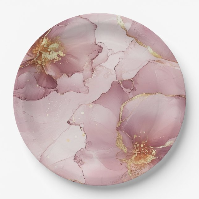 Romantic Blush Pink Gold Floral Birthday Paper Plates (Front)