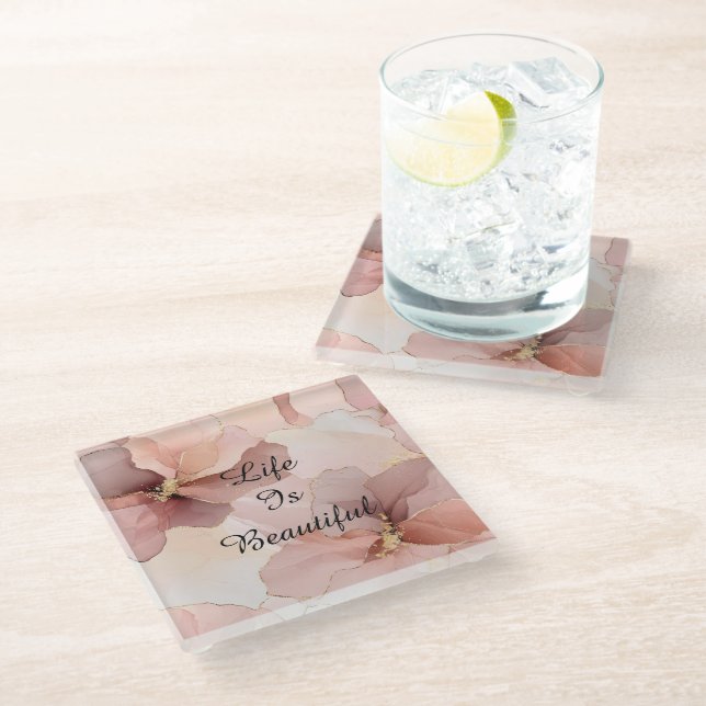 Romantic Blush Pink Gold Floral Bridal Shower Glass Coaster (Angled)