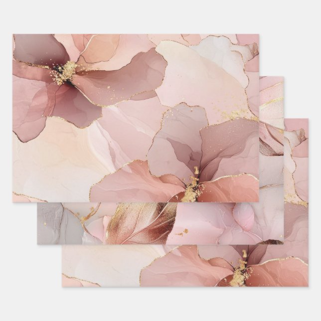 Romantic Blush Pink Gold Floral Bridal Shower Wrapping Paper Sheets (Set)