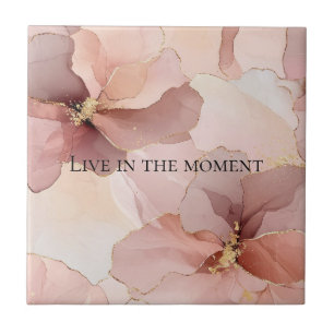 Romantic Blush Pink Gold Floral Ceramic Tile
