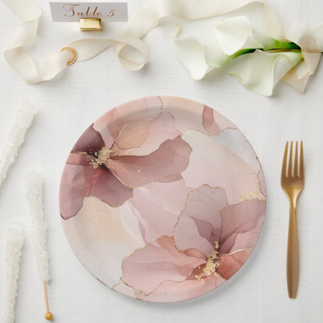 Romantic Blush Pink Gold Floral Wedding Paper Plates (Wedding)