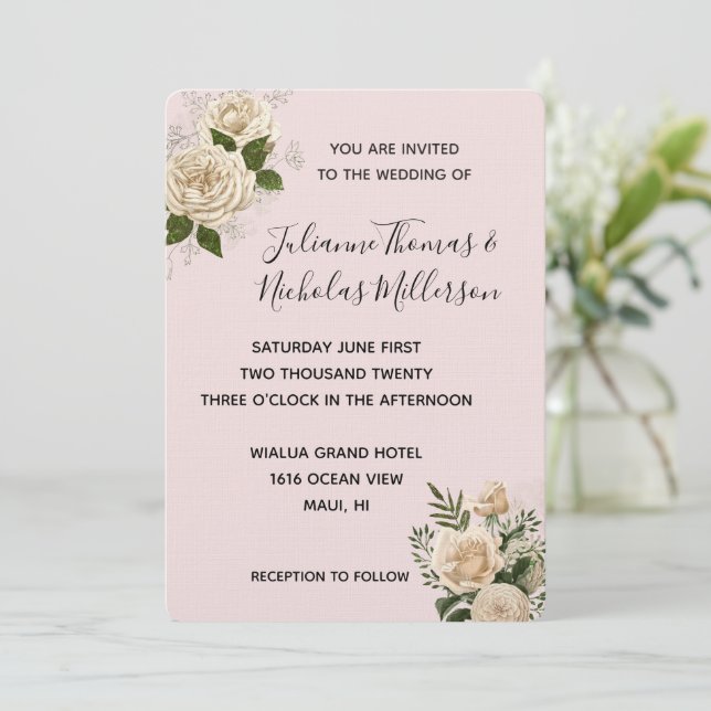 Romantic Blush Pink Ivory Floral Wedding Invitation (Standing Front)