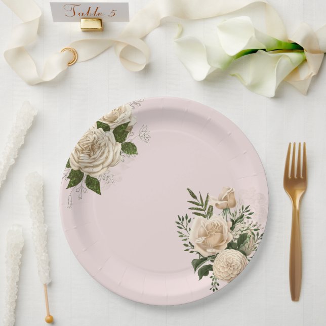 Romantic Blush Pink Ivory Floral Wedding Paper Plates (Wedding)