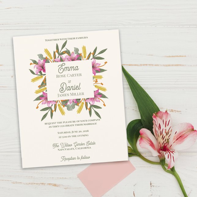 Romantic Blush Pink Lily Botanical Wedding Invite (Blush Pink Lily Botanical Wedding Invitation Flat Card | Romantic Watercolor Floral Garden Wedding )