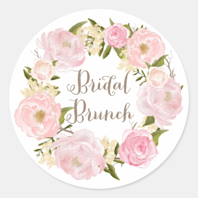 Romantic Blush Pink Peonies Wreath Bridal Brunch Classic Round Sticker (Front)