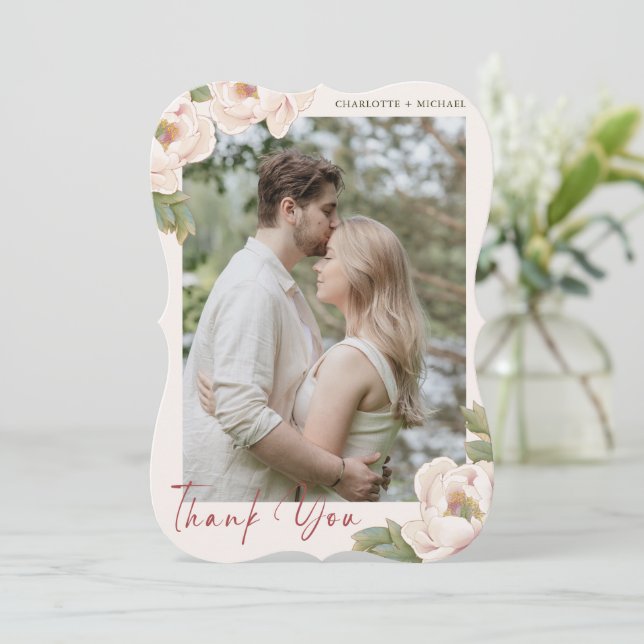 Romantic Blush Pink Peony Flowers Photo Wedding   Thank You Card (Standing Front)