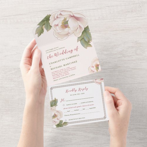 Romantic Blush Pink Peony Rose Floral Wedding All  All In One Invitation