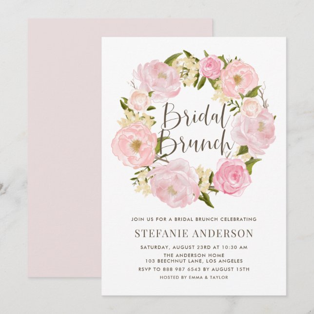 Romantic Blush Pink Peony Wreath Bridal Brunch Invitation (Front/Back)