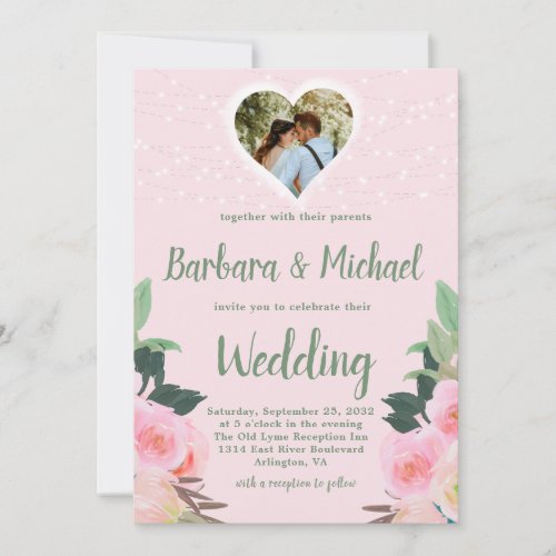 Romantic Blush Pink Photo Floral Wedding  Invitation