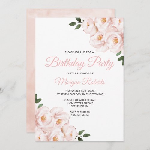 Romantic Blush Pink Rose Birthday Party Invitation