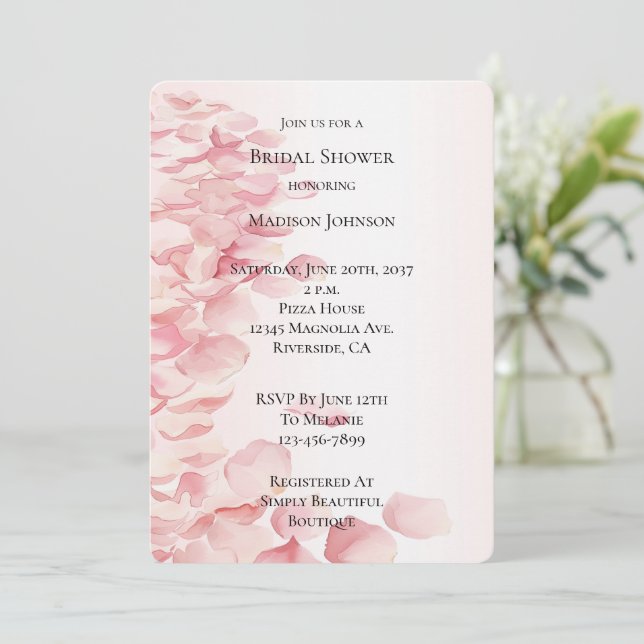 Romantic Blush Pink Rose Petals Bridal Shower Invitation (Standing Front)