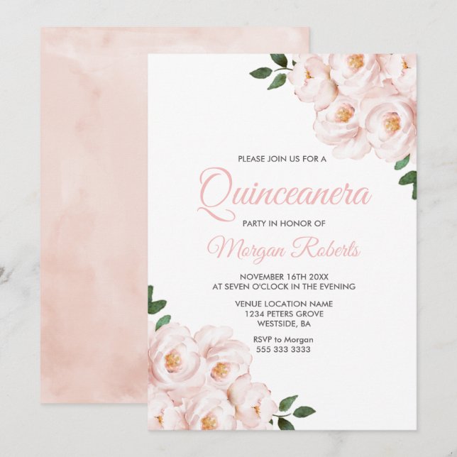Romantic Blush Pink Rose Quinceanera Party Invitation (Front/Back)