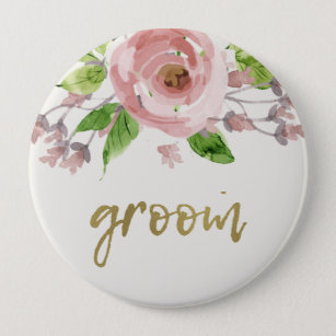 ROMANTIC BLUSH PINK ROSE WATERCOLOR FLORAL GROOM BUTTON