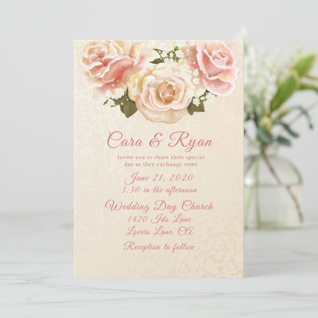 Romantic Blush Pink Roses Elegant Wedding  Invitation (Standing Front)