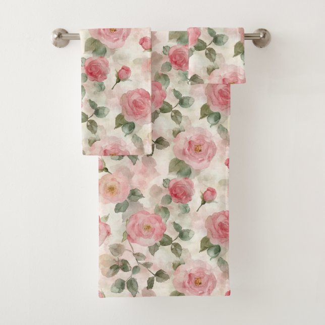 Romantic Blush Pink Roses Floral  Bath Towel Set (Insitu)