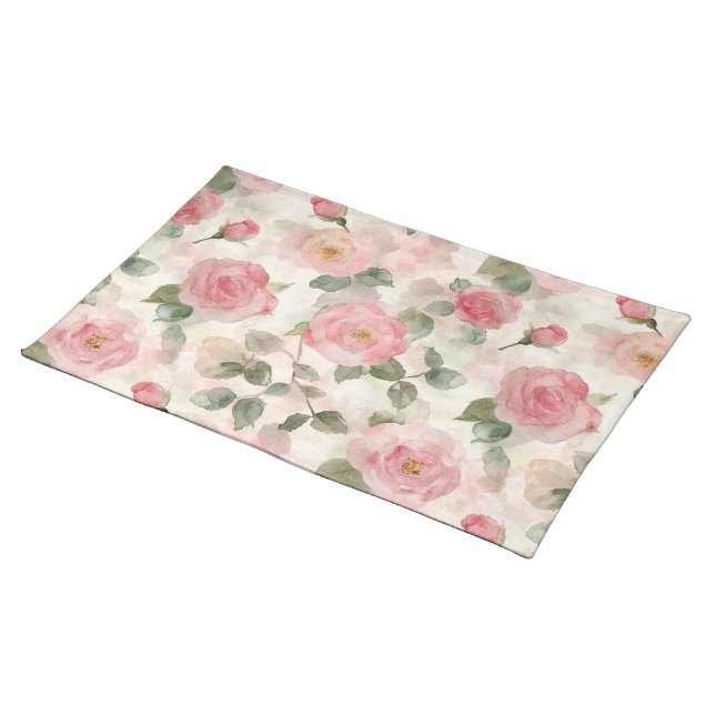 Romantic Blush Pink Roses Floral  Cloth Placemat (On Table)