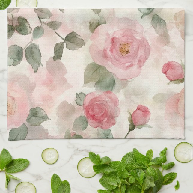 Romantic Blush Pink Roses Floral  Kitchen Towel (Folded)