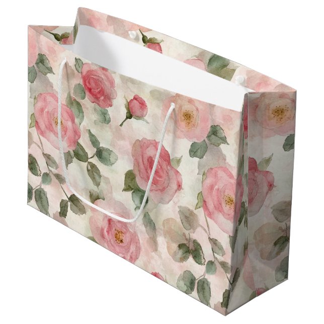 Romantic Blush Pink Roses Floral Wedding Large Gift Bag (Front Angled)
