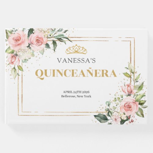 Romantic Blush pink roses gold tiara Quinceanera Guest Book