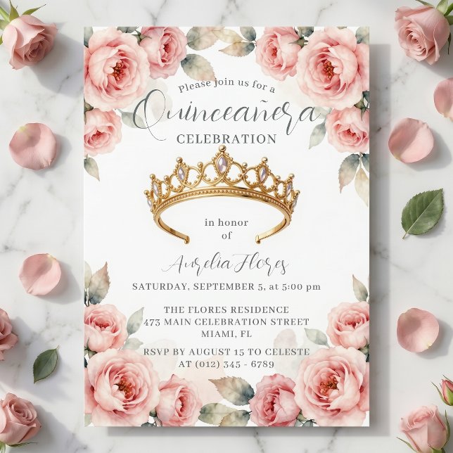Romantic Blush Pink Roses Gold Tiara Quinceanera Invitation (Creator Uploaded)