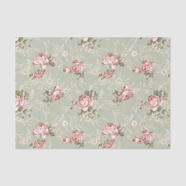 Romantic Blush Pink Roses - Sage Green Background Tissue Paper (Front)