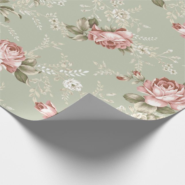 Romantic Blush Pink Roses - Sage Green Background Wrapping Paper (Corner)