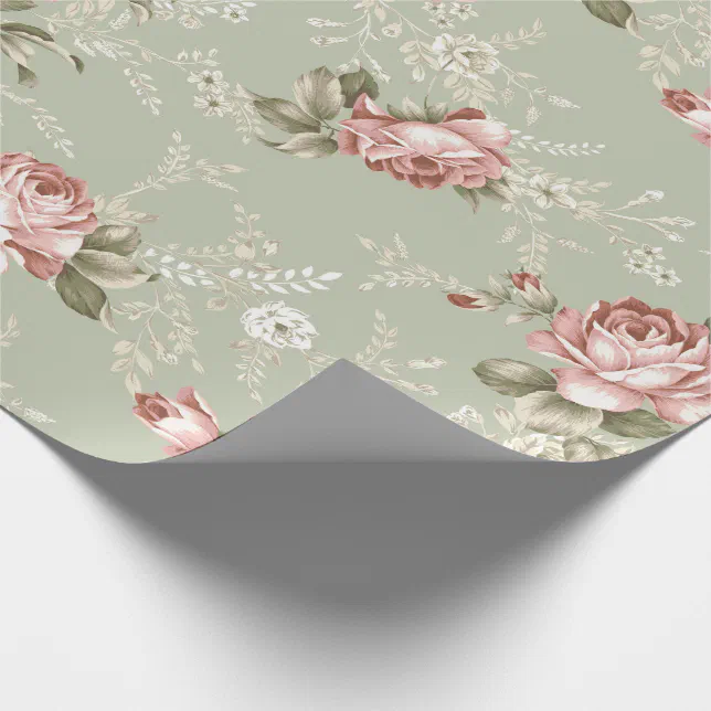Romantic Blush Pink Roses - Sage Green Background Wrapping Paper | Zazzle