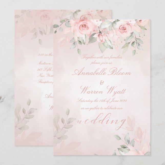 Romantic Blush Pink Secret Garden Roses Wedding Invitation (Front/Back)