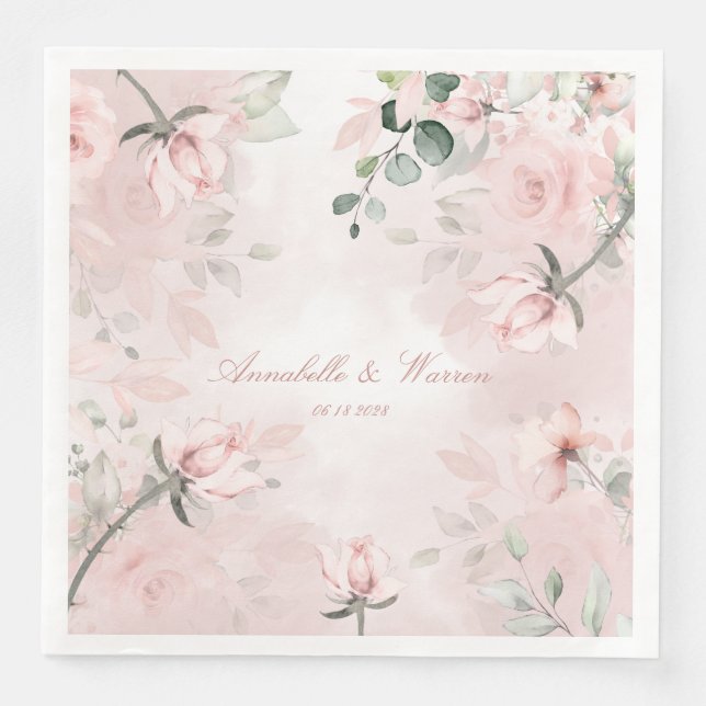 Romantic Blush Pink Secret Garden Roses Wedding Paper Dinner Napkins (Front)