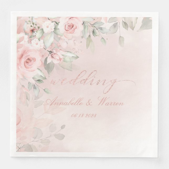 Romantic Blush Pink Secret Garden Roses Wedding Paper Dinner Napkins (Front)