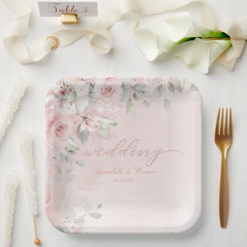 Romantic Blush Pink Secret Garden Roses Wedding Paper Plates
