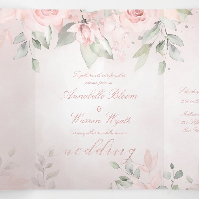 Romantic Blush Pink Secret Garden Roses Wedding Tri-Fold Card (Inside Middle)