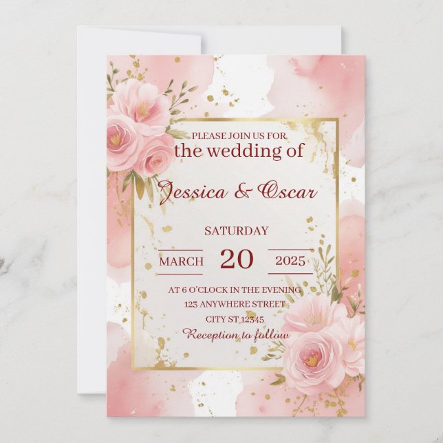 Romantic Blush Pink Watercolor Wedding Invitation (Front)