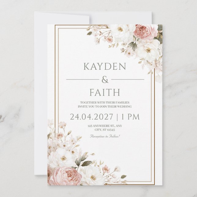 Romantic Blush Pink White Rose Floral Wedding Invitation (Front)