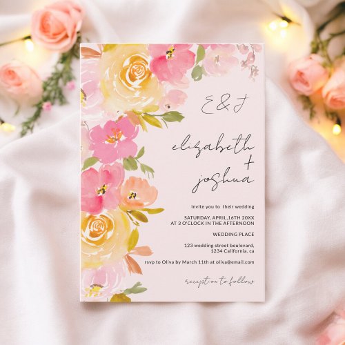 Romantic blush pink yellow floral photo wedding invitation