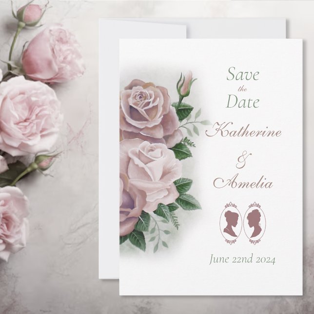 Romantic Blush Regency Lesbian Wedding Save The Date (Creator Uploaded)