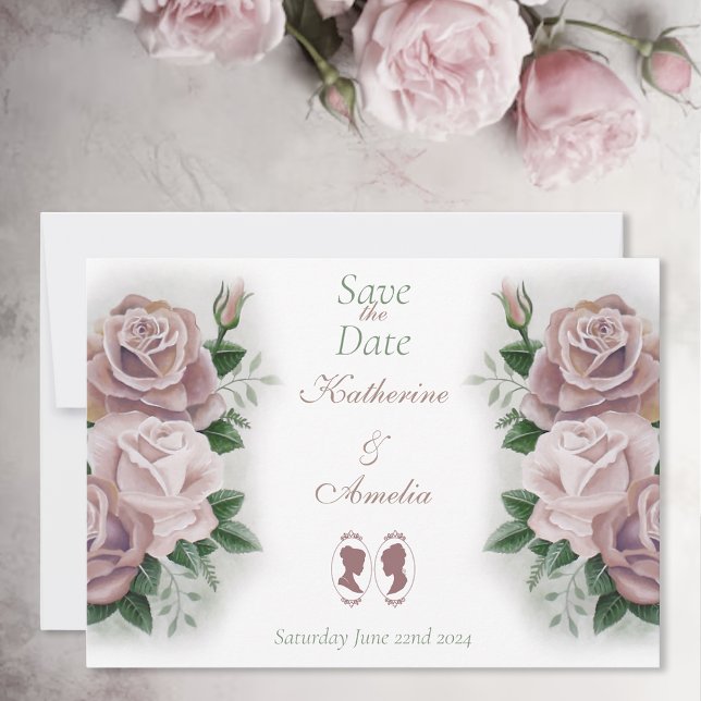 Romantic Blush Regency Lesbian Wedding Save The Date (Creator Uploaded)