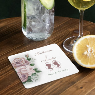 Romantic Blush Regency Lesbian Wedding Square Paper Coaster