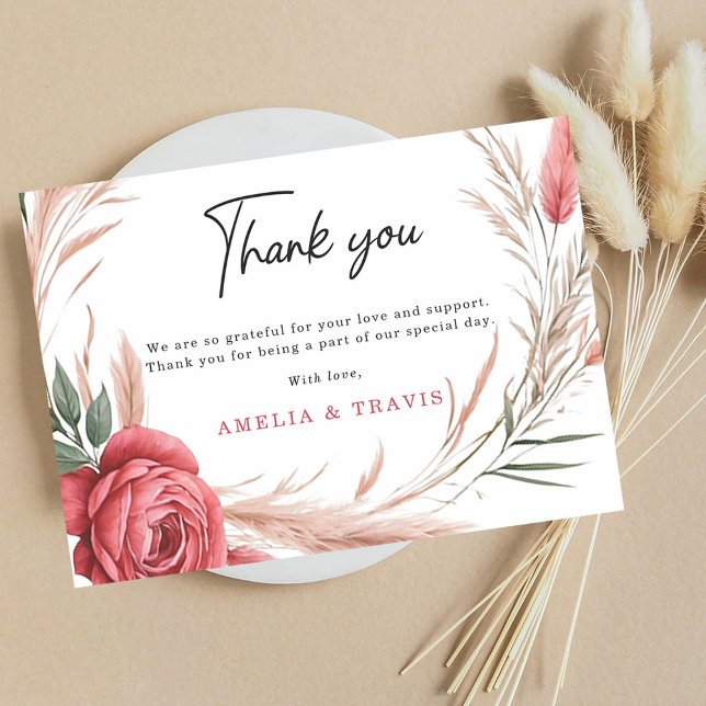 Romantic Blush Rose Pampas Grass Wedding  Thank You Card (Creator Uploaded)
