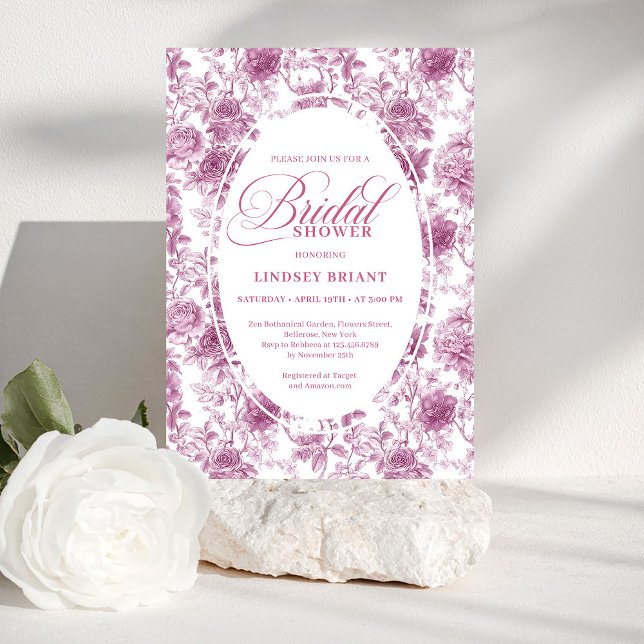 Romantic Blush Rose Pattern French Toile Bridal  Invitation (pink French toile de jouy,
Luxurious blush roses bridal shower,
dusty pink flowers botanical garden,)